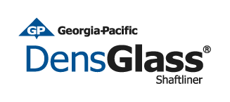 DensGlass Shaftliner logo highlighting the gold-colored fiberglass mat exterior and the durable gypsum core designed for fire resistance and moisture protection.